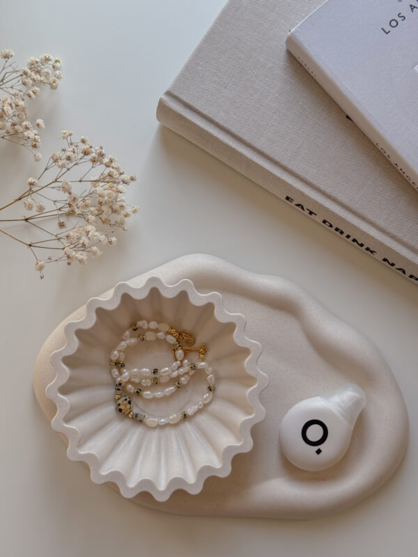 jewelry scalloped tray presenting together with aesthetic books and dried flower on the table