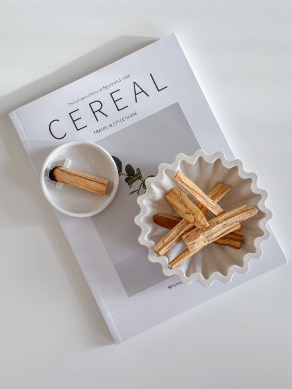 palo santo holder bowl standing on cereal book