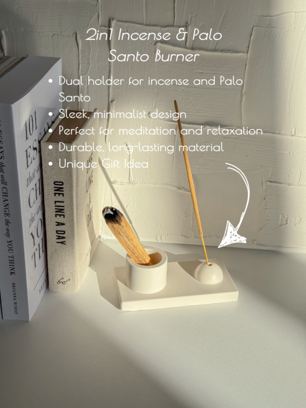 2in1 Incense & Palo Santo Holder in sunlight with a Features written