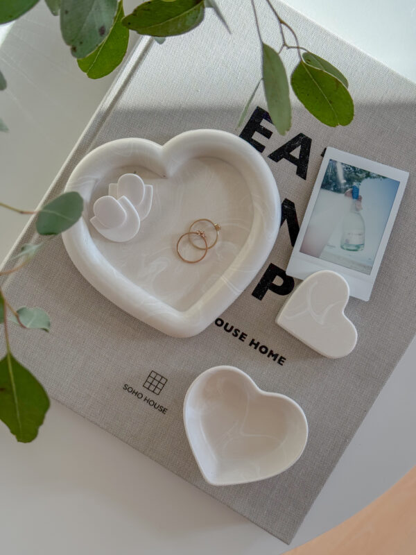 Heart Jewelry Dish placed on book together with small heart bowl and heart image holder